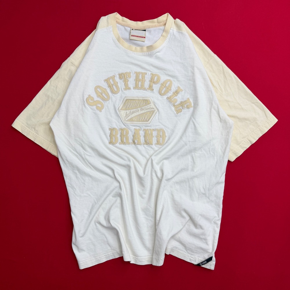 VTG Y2K Southpole Brand Mens XL T-Shirt White Cream Raglan Embroidered‎ Graphic